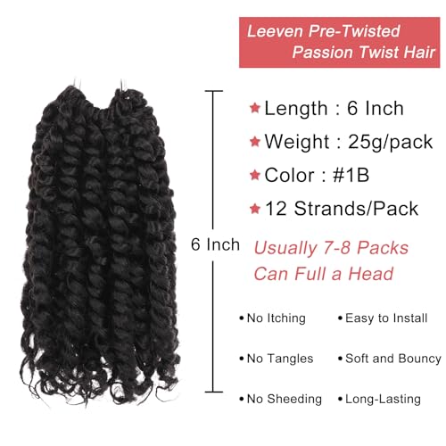 Leeven 6 Inch Pre Twisted Passion Twist Hair 8 Packs Natural Black Short Crochet Bomb Twist Curly Ends Hair Pre Looped Bohemian Synthetic Braids Hair Extensions for Black Women 1B - Image 3