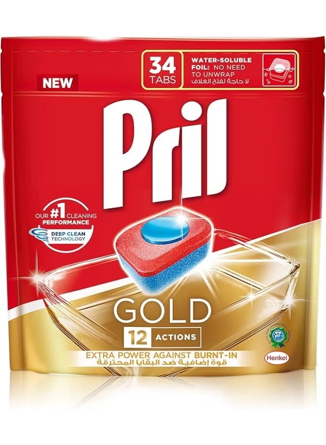 PRIL Gold 12 Action Automatic Dishwasher Tablets – 34 Tabs x 4 Packs | Deep Clean & Sparkling Shine - Image 1