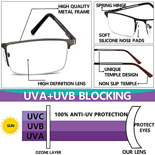 JJWELL 3 Pack Reading Glasses for Men Blue Light Blocking, Lightweight Metal Rectangle Semi Rimless Readers for Men, Anti Eyestrain/UV, Half Frame Spring Hinge Eyeglasses with Pouches 100 - Image 4