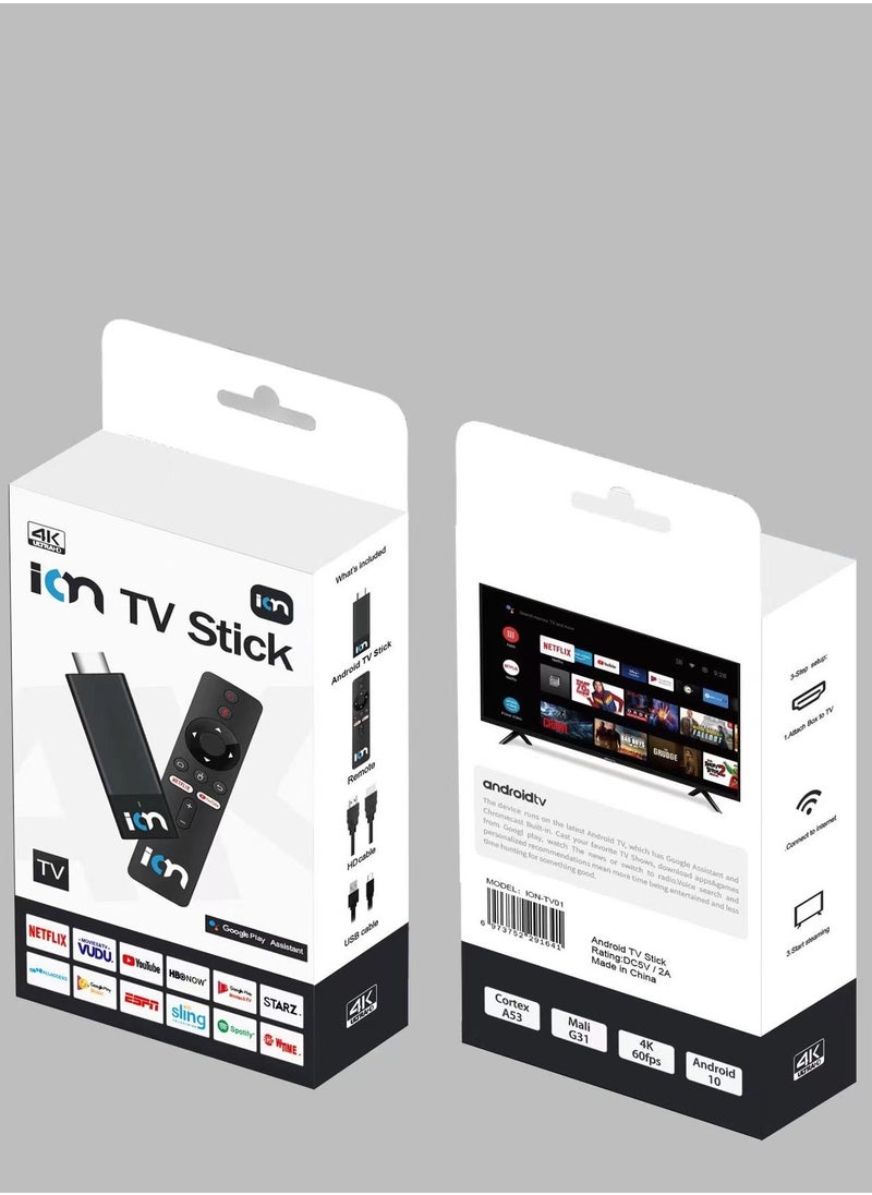 ION Ion TV stick 4K Ultra HD Streaming Device, Android TV 10 with Google Assistant Voice Remote Control Streaming Media Player Black  - Image 1