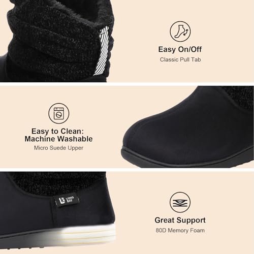 Longbay Women's Warm Chenille Knit Bootie Slippers Memory Foam Comfy Suede Fluffy Faux Fur Memory Foam Boots House Shoes (Large / 9-10, Black) - Image 4