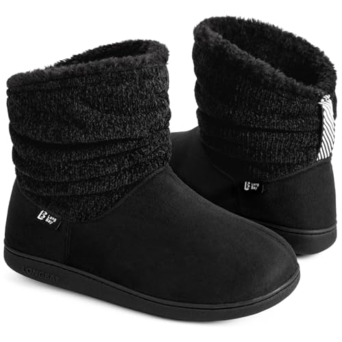 Longbay Women's Warm Chenille Knit Bootie Slippers Memory Foam Comfy Suede Fluffy Faux Fur Memory Foam Boots House Shoes (Large / 9-10, Black) - Image 1