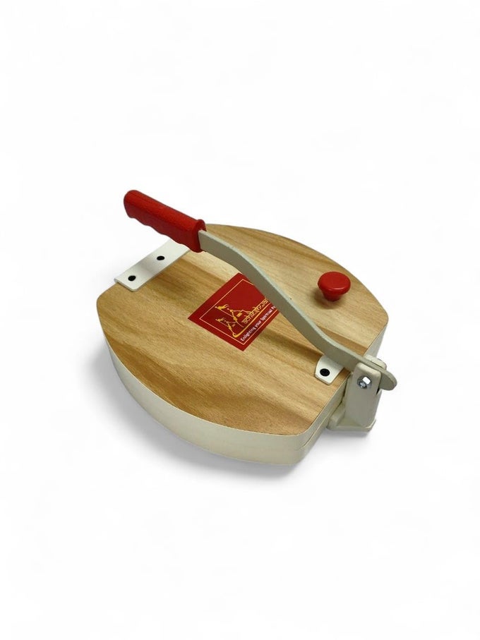 WOODEN MANUAL HEAVY ROUND WOODEN BOARD PAPADPURIKHAKHRA PRESS MAKER PLYWOOD MACHINE WITH IRON HANDLE ROTI MAKER PRESS MACHINE WITH HANDLE FOR KITCHEN HOME 11 INCH
