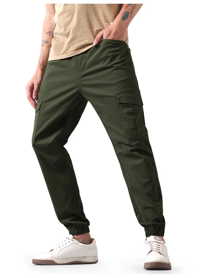 Beyoung Premium Solid Cotton Crocodile Green Cargo Joggers For Men