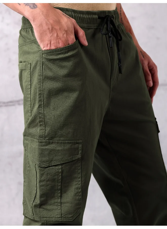 Beyoung Premium Solid Cotton Crocodile Green Cargo Joggers For Men