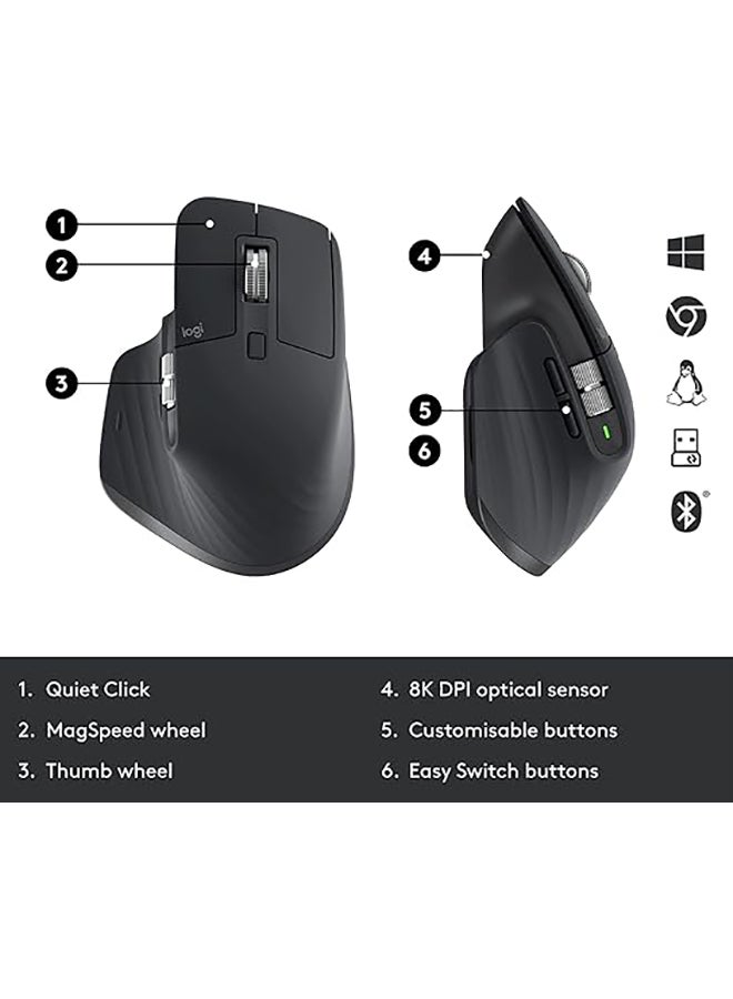 لوجيتيك ماوس MX Master 3S للأعمال، ماوس لاسلكي بنقرات هادئة، 8K DPI، مستقبل USB آمن من لوجي بولت، بلوتوث، شحن USB-C، تمرير مغناطيسي، ويندوز/ماك/كروم/لينكس - رمادي - Image 5