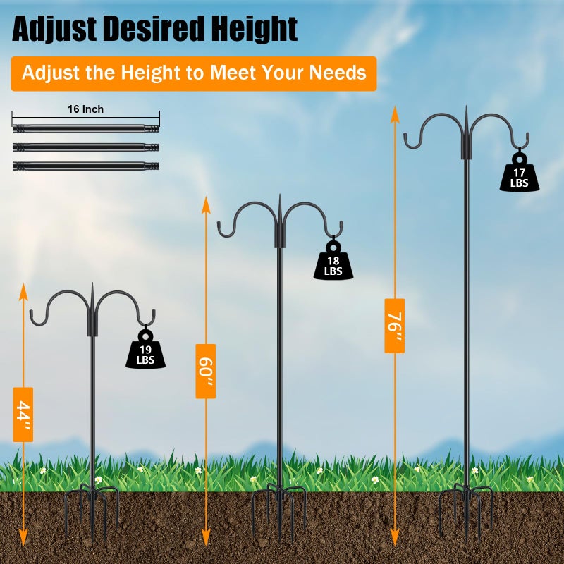 FEED GARDEN Adjustable Double Shepherds Hook for Outdoor with 5 Prong Base 76 Inch Heavy Duty Two Sided Bird Feeder Pole for Hanging Plant Baskets, Solar Light Lanterns, Wind Chimes 2 Pack - Image 5