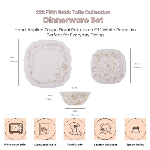 222 Fifth 12-Piece Porcelain Dinnerware Set for 4, Glossy Cream Plates and Bowls Set with Taupe Flowers, Elegant Square Ceramic Dish Set, Kitchen Tableware, Microwave & Dishwasher Safe, Batik Toile - Image 2