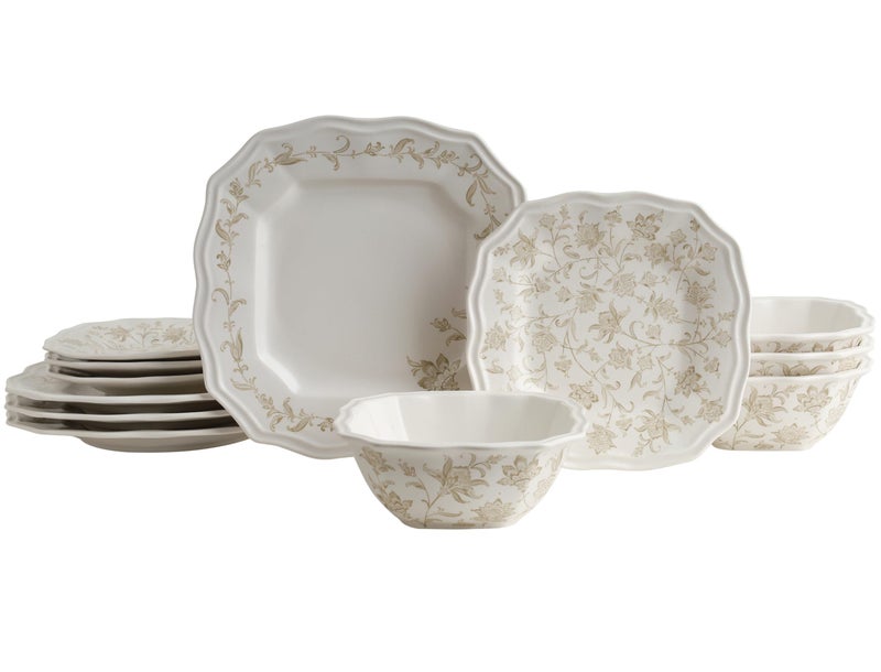 222 Fifth 12-Piece Porcelain Dinnerware Set for 4, Glossy Cream Plates and Bowls Set with Taupe Flowers, Elegant Square Ceramic Dish Set, Kitchen Tableware, Microwave & Dishwasher Safe, Batik Toile - Image 1