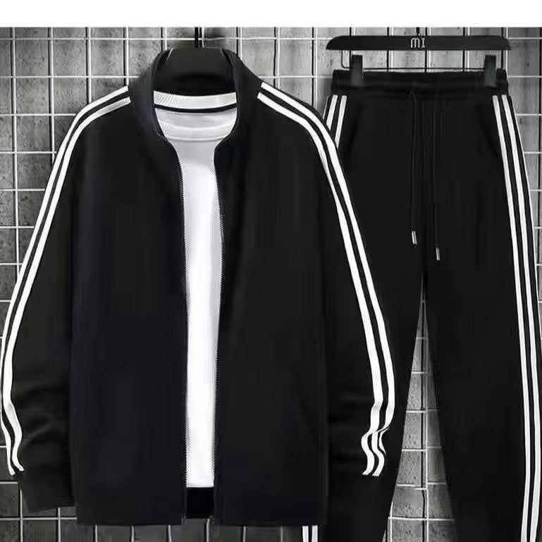 Mens Casual Sports Suit Spring Autumn Striped Sweatshirt Couple Set Black 