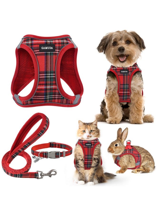 GAMUDA Small Dog Harness Collar and Leash Set, Step in No Chock No Pull Soft Mesh Adjustable Dog Vest Harnesses Plaid Reflective for Dogs Puppy Cats Kitten Rabbit (Red, S) - Image 1