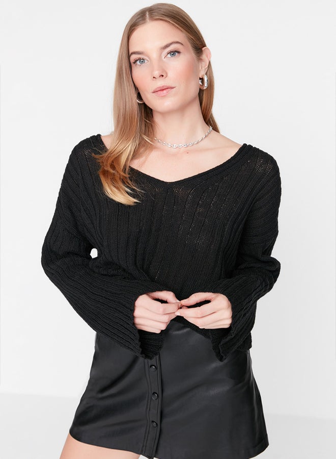 trendyol Black Mercerized Look Wool Wide Pattern Basic Knitwear Sweater - Image 3