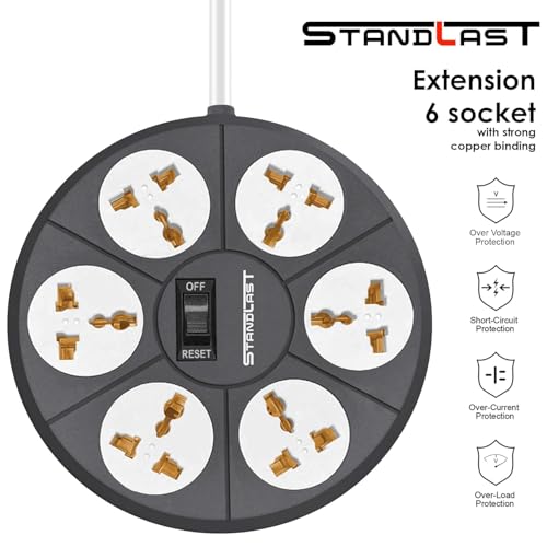STANDLAST 6-Socket Extension Board | 5 Meter Surge Protector & 10A Spike Guard | 240V Heavy Duty Extension Cord | Universal Socket Power Strip for Home,Office,TV, PC & Appliances - Grey - Image 3