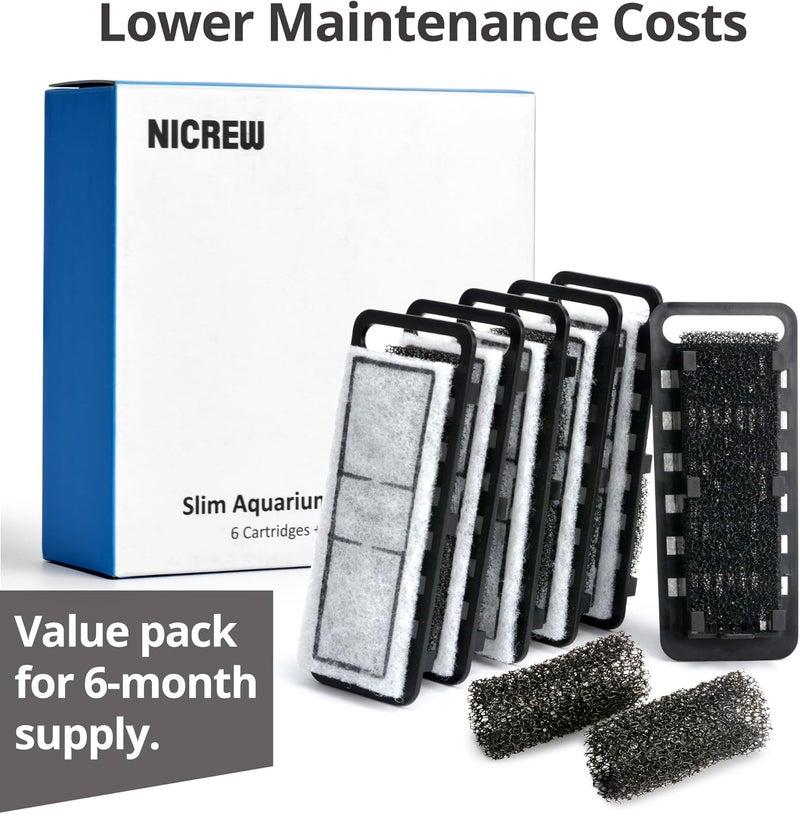 NICREW Slim Aquarium Filter Cartridges 6 pcs with Intake Sponges 2 pcs - Image 3