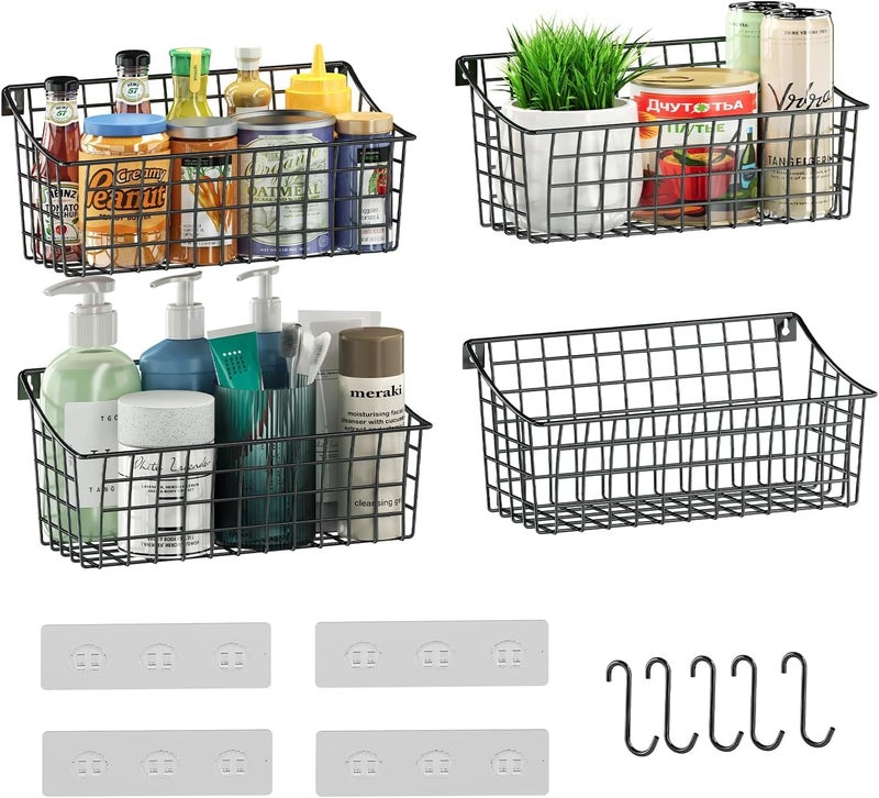 Sonyabecca 4 Pack Hanging Wall Basket for Organizing, Large Wire Basket for Storage Pantry with 5 S Hook+4 Adhesive Hook, Wall Mounted Shelf for Kitchen Bathroom - Image 1