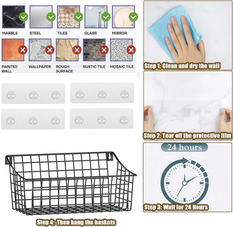 Sonyabecca 4 Pack Hanging Wall Basket for Organizing, Large Wire Basket for Storage Pantry with 5 S Hook+4 Adhesive Hook, Wall Mounted Shelf for Kitchen Bathroom - Image 3