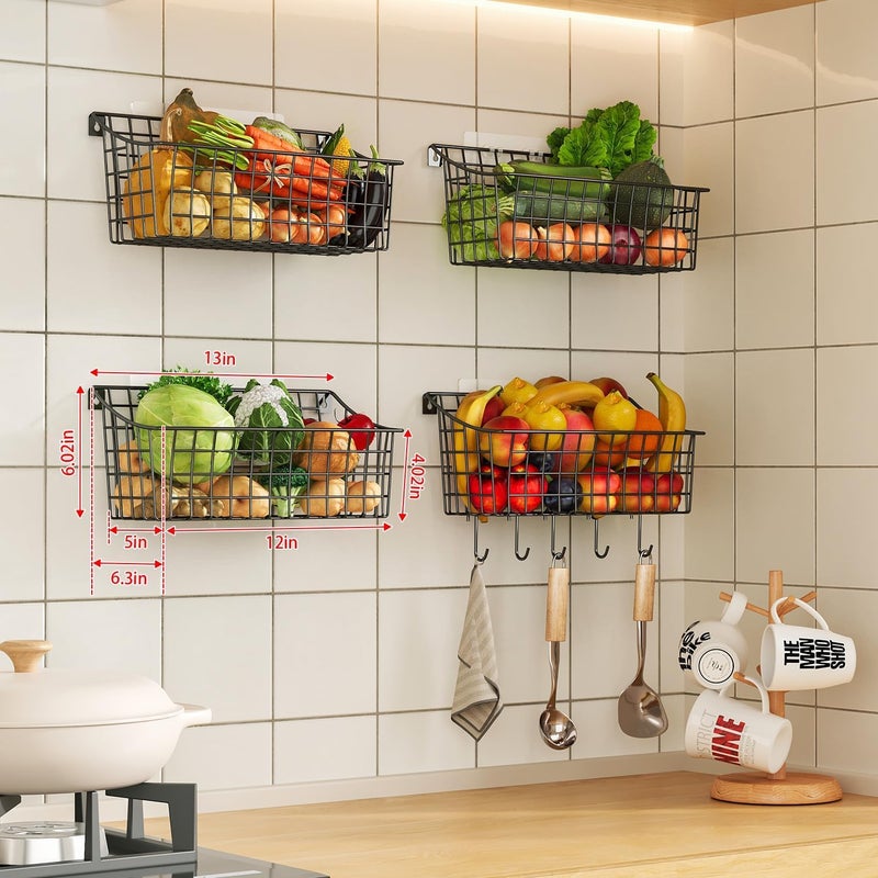 Sonyabecca 4 Pack Hanging Wall Basket for Organizing, Large Wire Basket for Storage Pantry with 5 S Hook+4 Adhesive Hook, Wall Mounted Shelf for Kitchen Bathroom - Image 2
