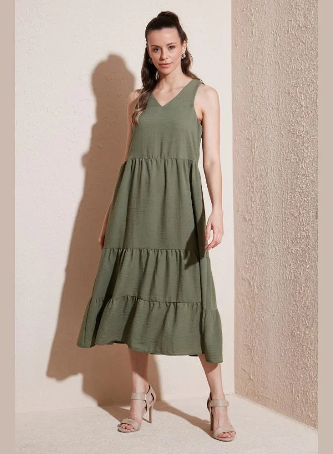 Lela Lela Relaxed Fit V-Neck Ruffled Midi Dress Women's Dress 611EL011