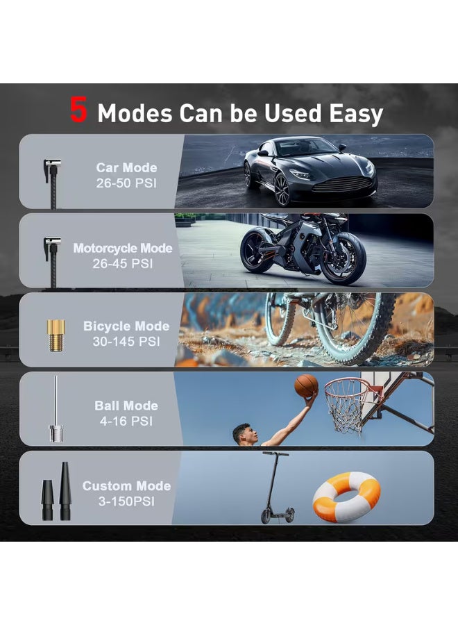 Portable Tire Inflator - 3X Fast 150 PSI Air Compressor for Car Tires - Cordless Tire Pump with Pressure Gauge and LED Light - Electric Air Pump with Auto Shut-Off, Suitable for Cars, Motorcycles, Bicycles, Balls - Image 2