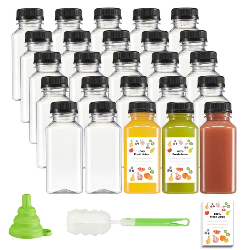 GUSTO [8 oz. - 25 Count Reusable Plastic Juice Bottles With Caps, Labels, Brush, and Silicone Funnel - Clear plastic Bottles with Caps, Juice Containers with lids, for All Beverages - Image 1