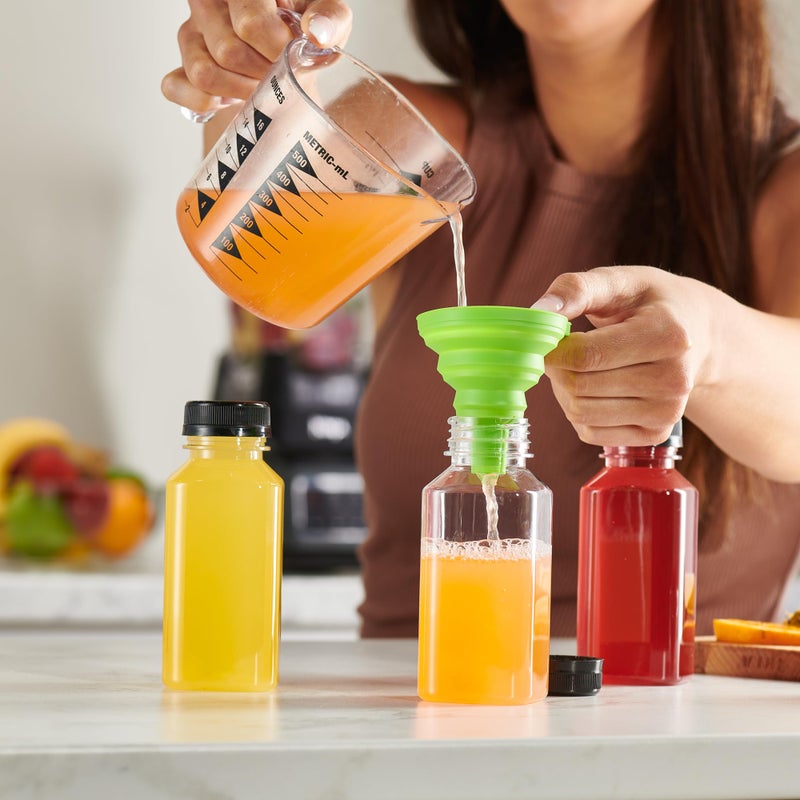 GUSTO [8 oz. - 25 Count Reusable Plastic Juice Bottles With Caps, Labels, Brush, and Silicone Funnel - Clear plastic Bottles with Caps, Juice Containers with lids, for All Beverages - Image 5