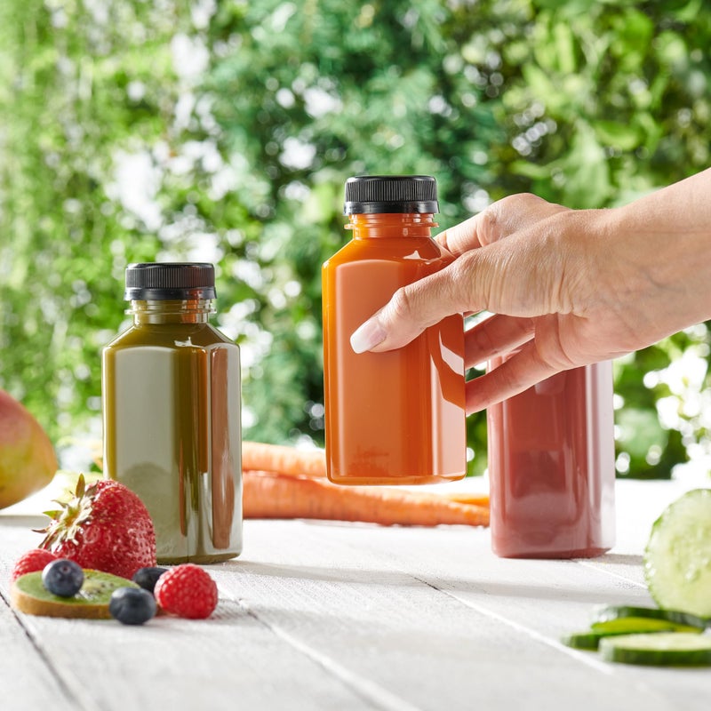 GUSTO [8 oz. - 25 Count Reusable Plastic Juice Bottles With Caps, Labels, Brush, and Silicone Funnel - Clear plastic Bottles with Caps, Juice Containers with lids, for All Beverages - Image 3