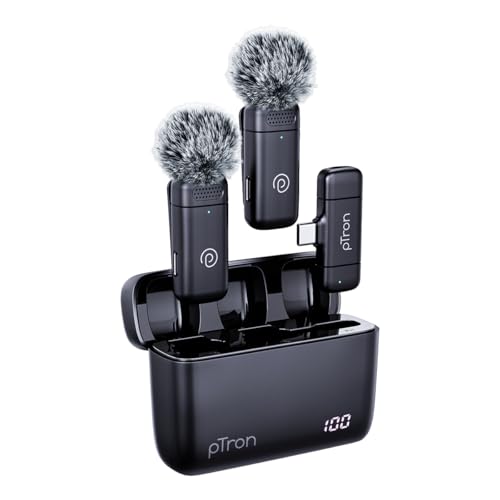 pTron KWM-2 Type C Wireless Microphone with Charging case w/Noise Cancellation, 48Hrs Battery, 20m Wireless Range, Collar Mic for DSLR/iPhone/Android, Vlog, Streaming/Zoom Meeting (Black) - Image 1