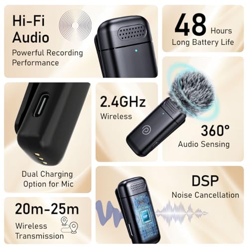 pTron KWM-2 Type C Wireless Microphone with Charging case w/Noise Cancellation, 48Hrs Battery, 20m Wireless Range, Collar Mic for DSLR/iPhone/Android, Vlog, Streaming/Zoom Meeting (Black) - Image 2