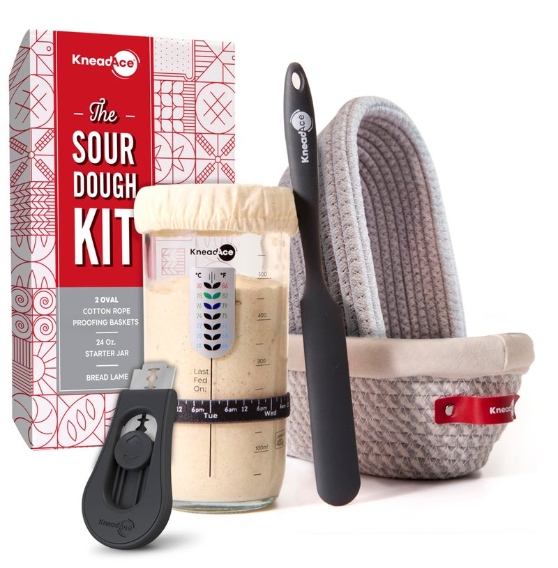 KneadAce Sourdough Starter Kit – 24oz Starter Jar, 2 Cotton Rope Banneton Proofing Baskets, Magnetic Bread Lame for Scoring – Gift for Bakers & Complete Sourdough Bread Baking Set - Image 1