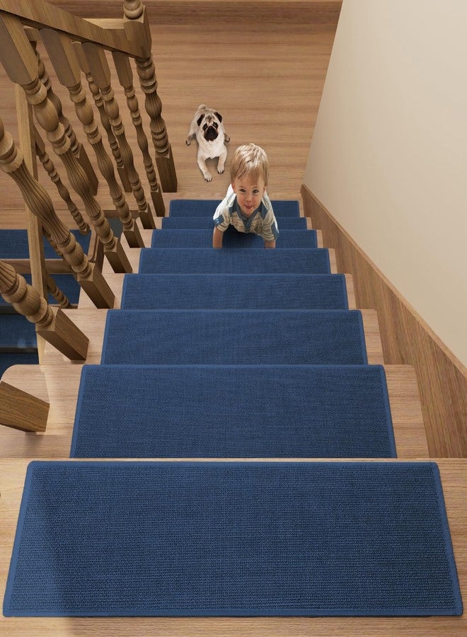 SUMLANS Stair Treads Carpet for Wooden Steps with Non Slip Rubber Backing, 100% Polyester Soft Stairs Resistant Indoor Skid Runner Safety Rugs for Kids Elders and Pets (4, Dark Blue, 30" * 8") - Image 1