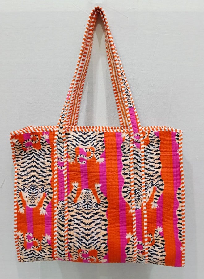 CRAFT KALA Women Handblock Floral Quilted Lightweight Travel Top Zipper Bag Purse Cotton Shoulder Tote Bag & Beach Bag, Orange & Pink, One Size - Image 3