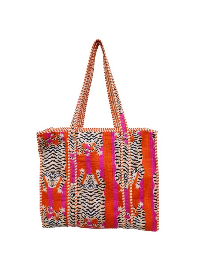 CRAFT KALA Women Handblock Floral Quilted Lightweight Travel Top Zipper Bag Purse Cotton Shoulder Tote Bag & Beach Bag, Orange & Pink, One Size - Image 2