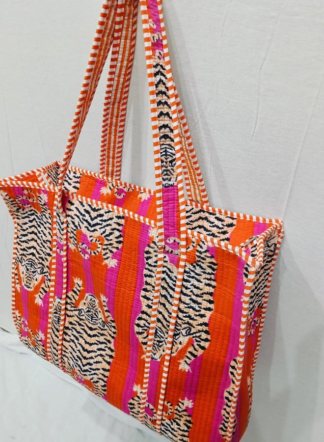 CRAFT KALA Women Handblock Floral Quilted Lightweight Travel Top Zipper Bag Purse Cotton Shoulder Tote Bag & Beach Bag, Orange & Pink, One Size - Image 4