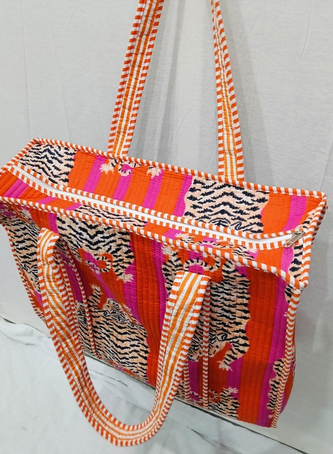 CRAFT KALA Women Handblock Floral Quilted Lightweight Travel Top Zipper Bag Purse Cotton Shoulder Tote Bag & Beach Bag, Orange & Pink, One Size - Image 5