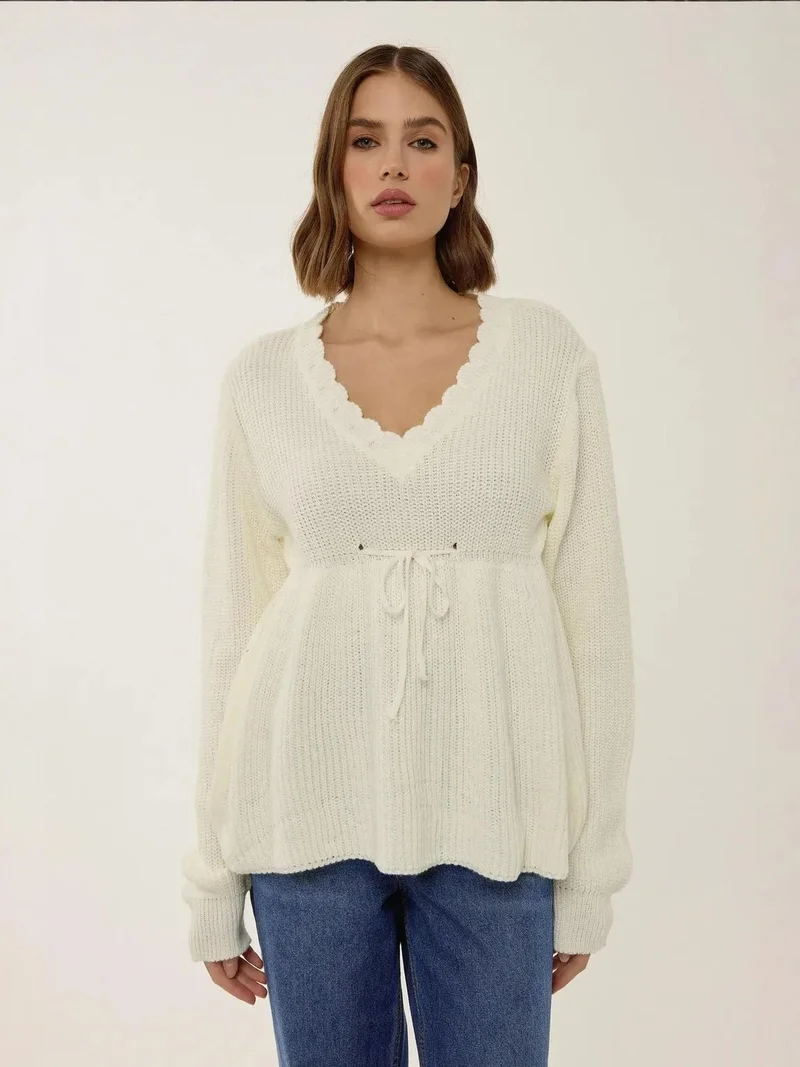 HICCUP Sliced V-Neck Sweater with Tied Up Detail