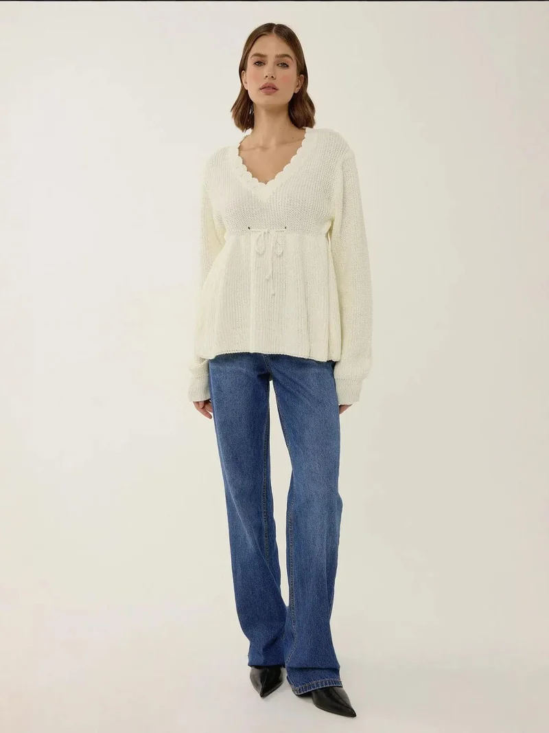 HICCUP Sliced V-Neck Sweater with Tied Up Detail