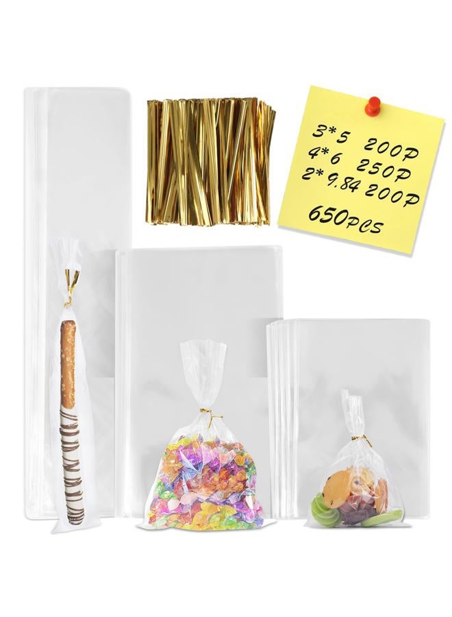 NEOACT 650 PCS Clear Flat Cellophane Treat Bags with 3x5",4x6",9.84 * 2", Treat Bags with Ties are Good for Pretzel Rods,Bakery, Cookies, Candies,Dessert. - Image 1