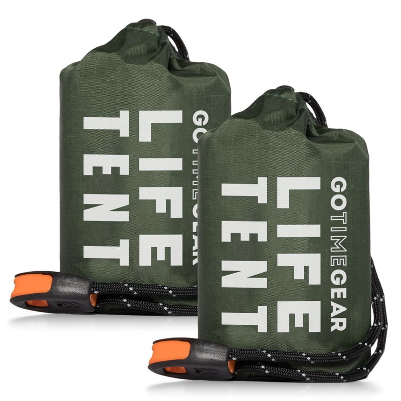 Go Time Gear Survival Life Tent Green - 2 Person Mylar Emergency Shelter Tube Tent - All-Weather Protection for Camping, Hiking & Survival Kits - Includes Emergency Whistle & Paracord - Image 1