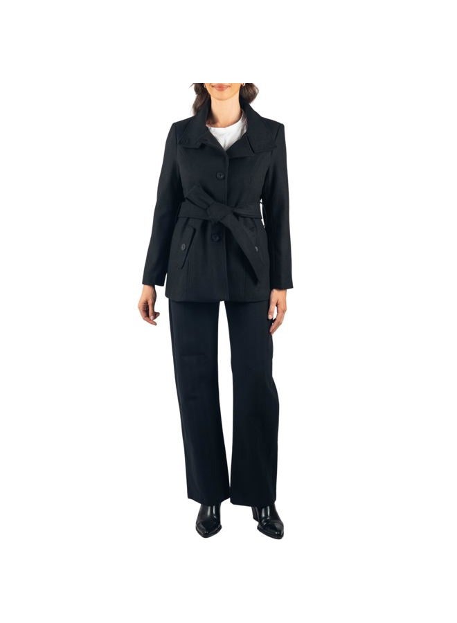 Alpine Swiss Womens Belted Blazer Wool Blend Hot Convertible Funnel Neck Collar, Black Medium - Image 2
