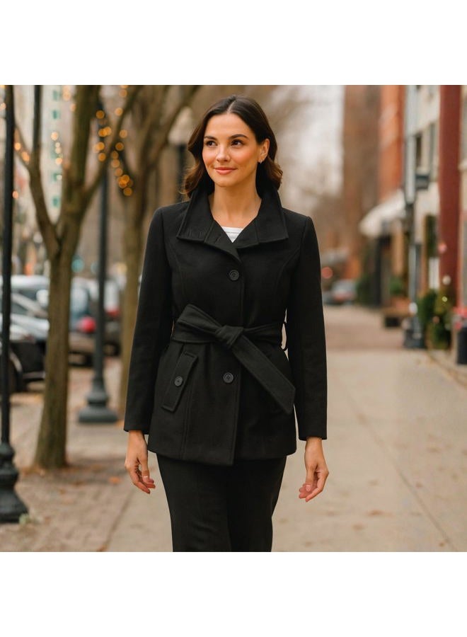 Alpine Swiss Womens Belted Blazer Wool Blend Hot Convertible Funnel Neck Collar, Black Medium - Image 3