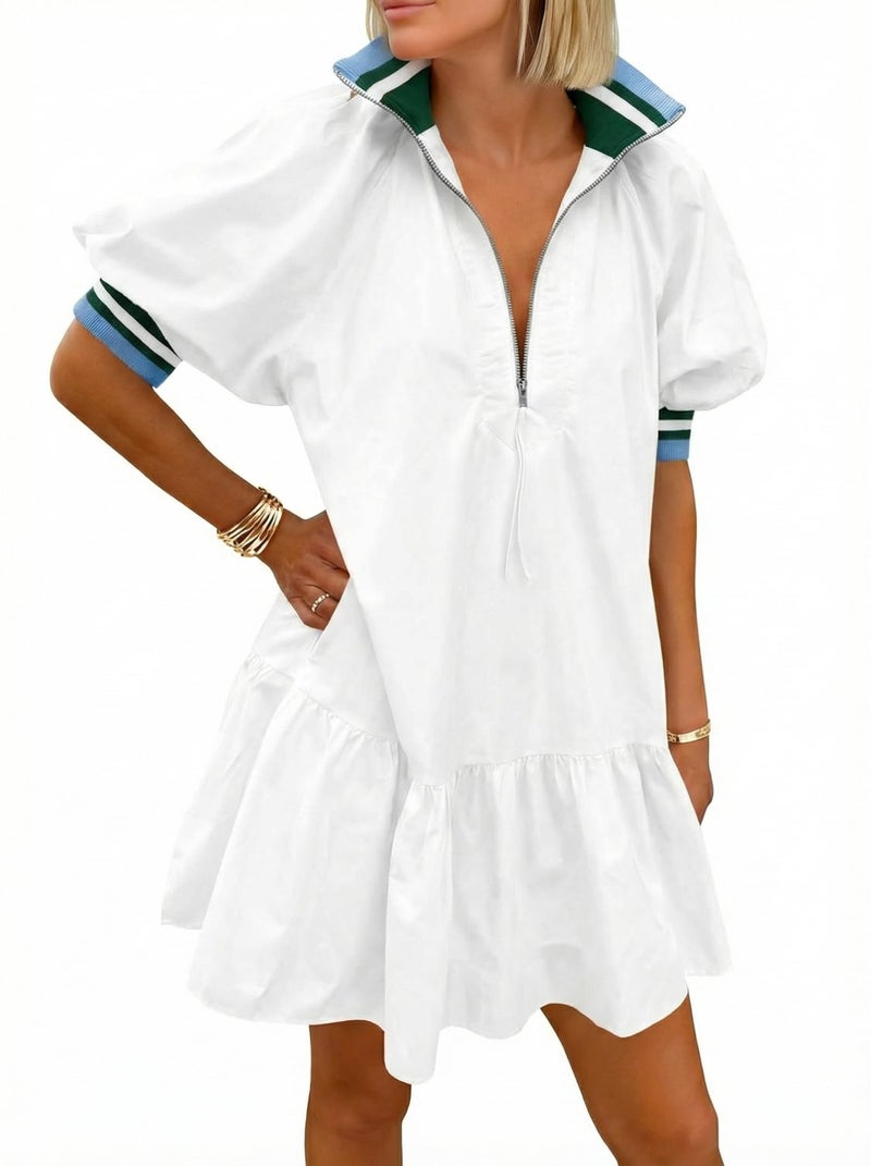 Wenrine Womens Puff Short Sleeve Mini Dress Summer Half Zip Stand Collar Loose Casual Sweatshirt Dresses with Pockets White - Image 1