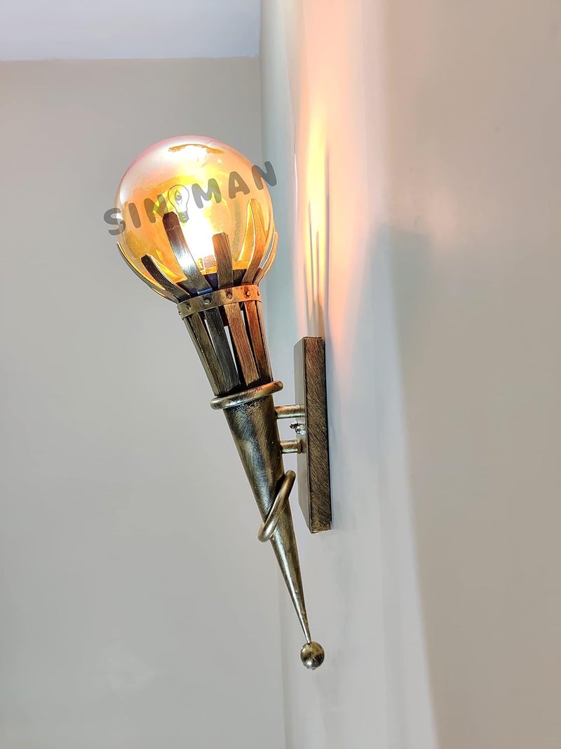 SINOMAN Golden Antique Torch Mashaal Design Metal Wall Light Sconce Lamp with Glass Shade for Dining Bedroom Living Room RestaurantsCoffee Shop Balcony Home Office Dcor Without Bulb - Image 1
