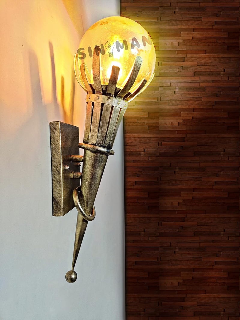 SINOMAN Golden Antique Torch Mashaal Design Metal Wall Light Sconce Lamp with Glass Shade for Dining Bedroom Living Room RestaurantsCoffee Shop Balcony Home Office Dcor Without Bulb - Image 2
