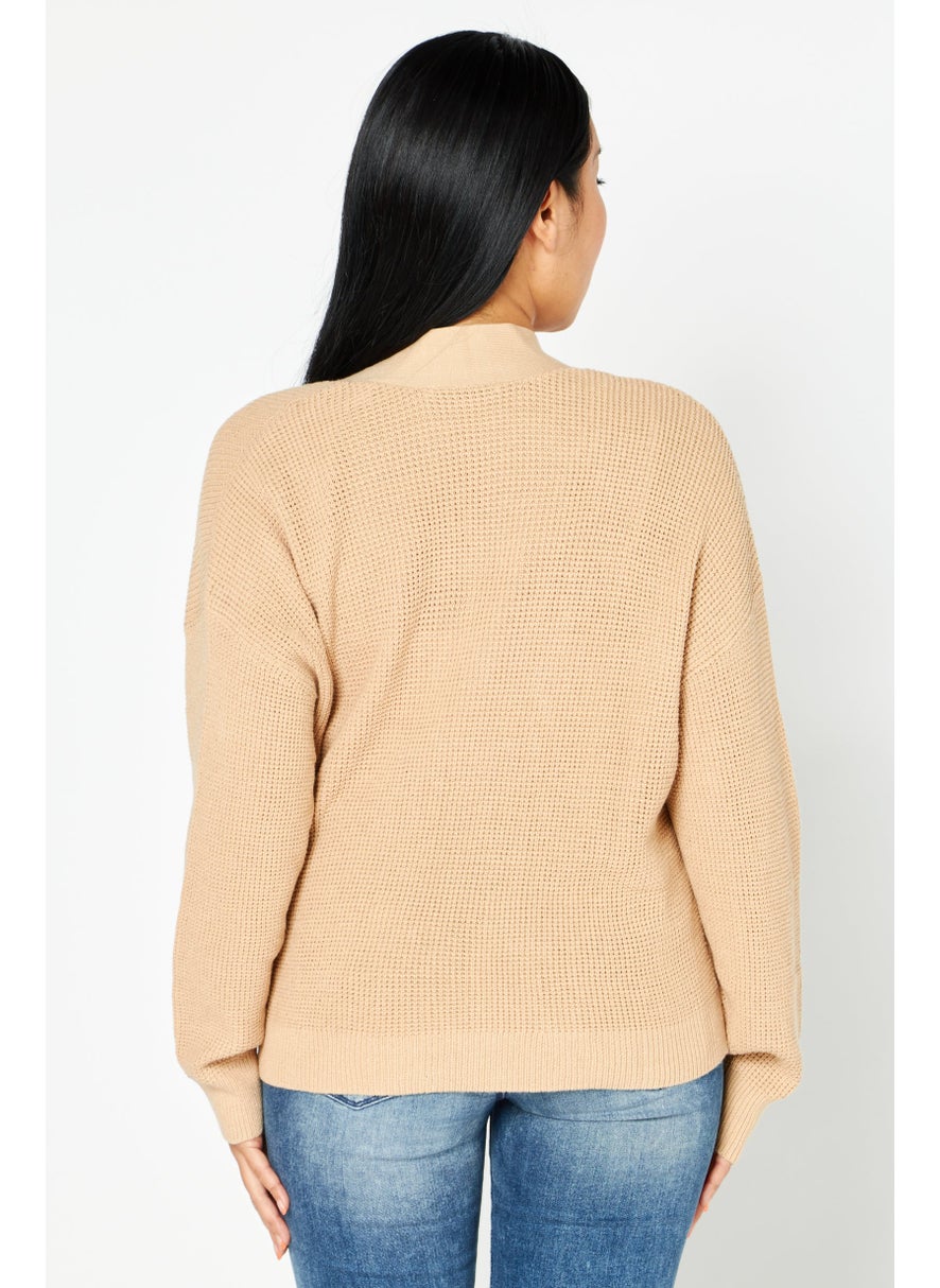 EDC Women Split Neck Textured Cardigan, Tan  - Image 3