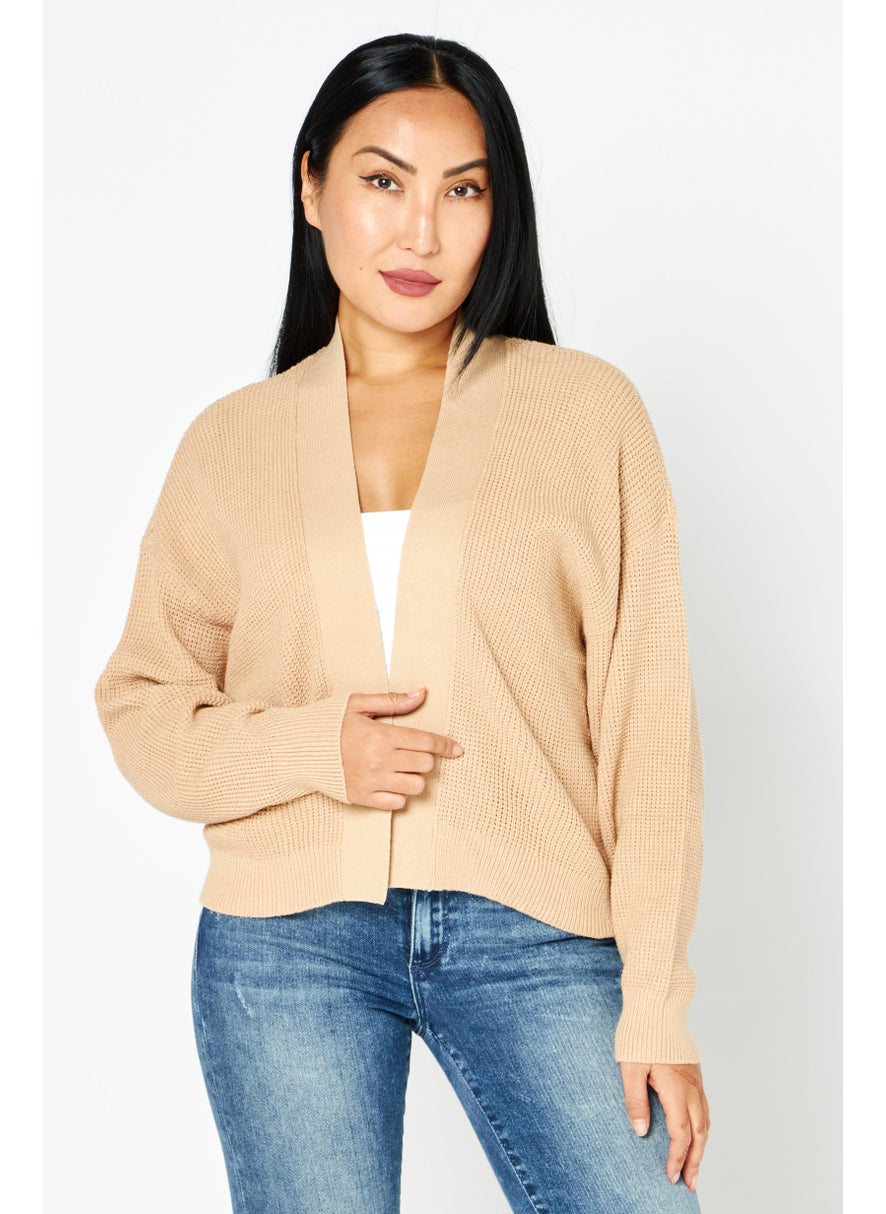 EDC Women Split Neck Textured Cardigan, Tan  - Image 1