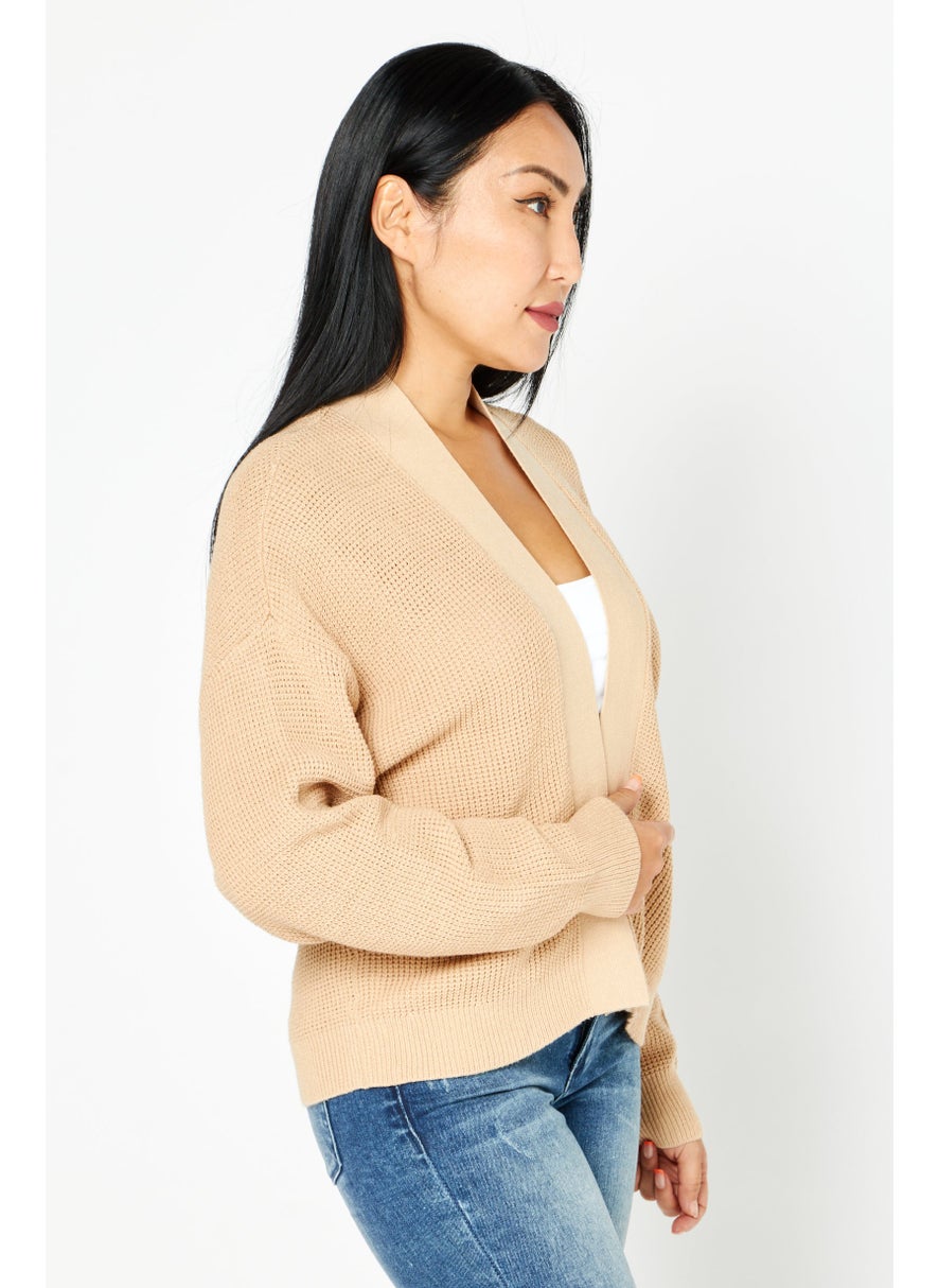 EDC Women Split Neck Textured Cardigan, Tan  - Image 2