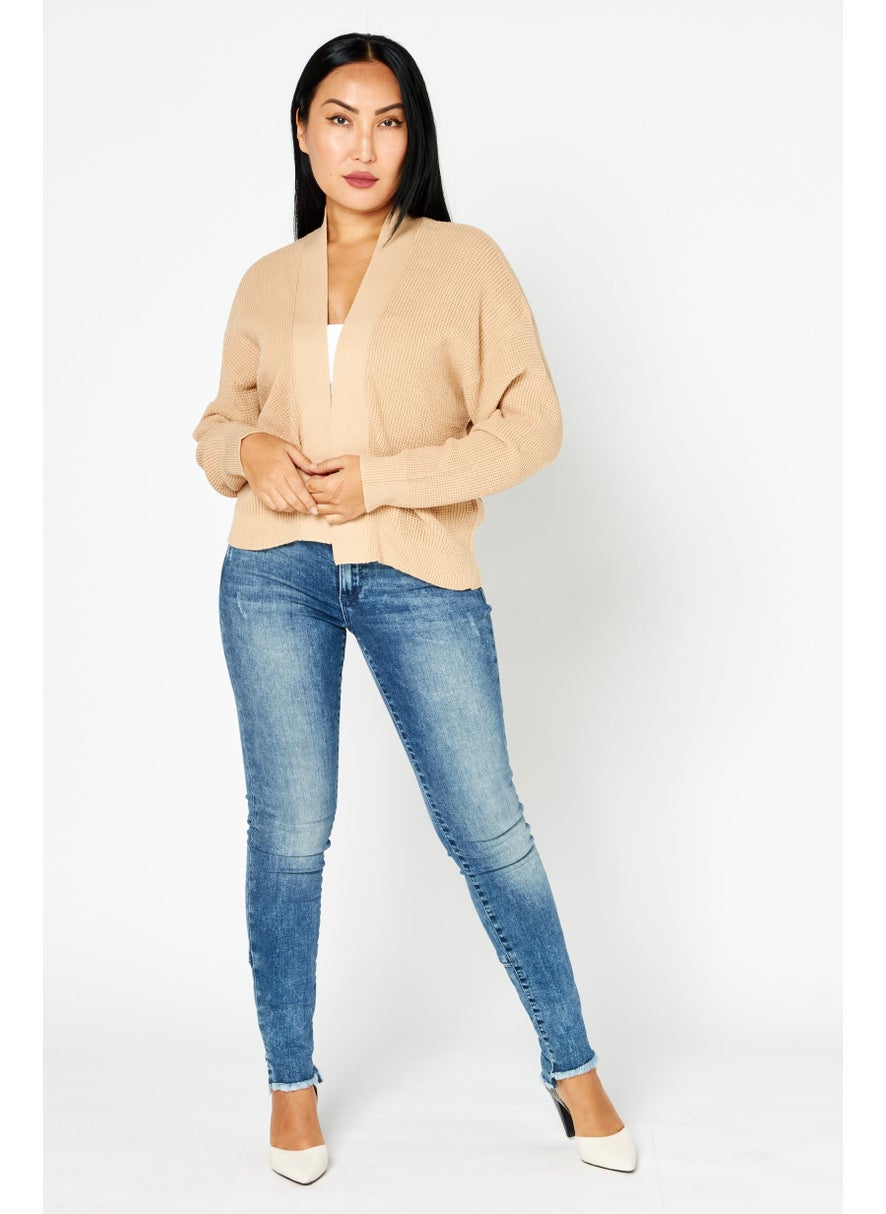 EDC Women Split Neck Textured Cardigan, Tan  - Image 4