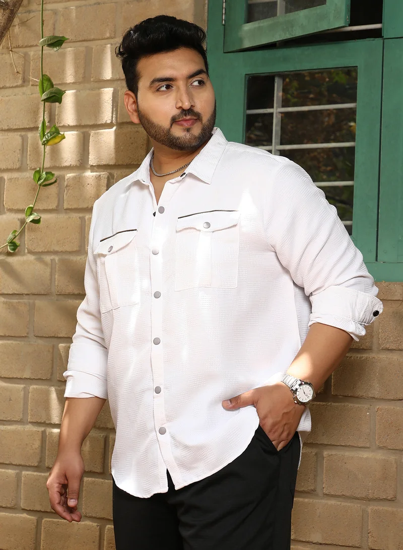 Instafab Plus  Instafab Plus Men's Chalk White Safari-Utility Relaxed Shirt For Casual Wear | Spread Collar | Long Cuffed Sleeves | Button Closure | Plus Size Shirt Crafted With Comfort Fit For Everyday Wear for Men | Best Price UAE