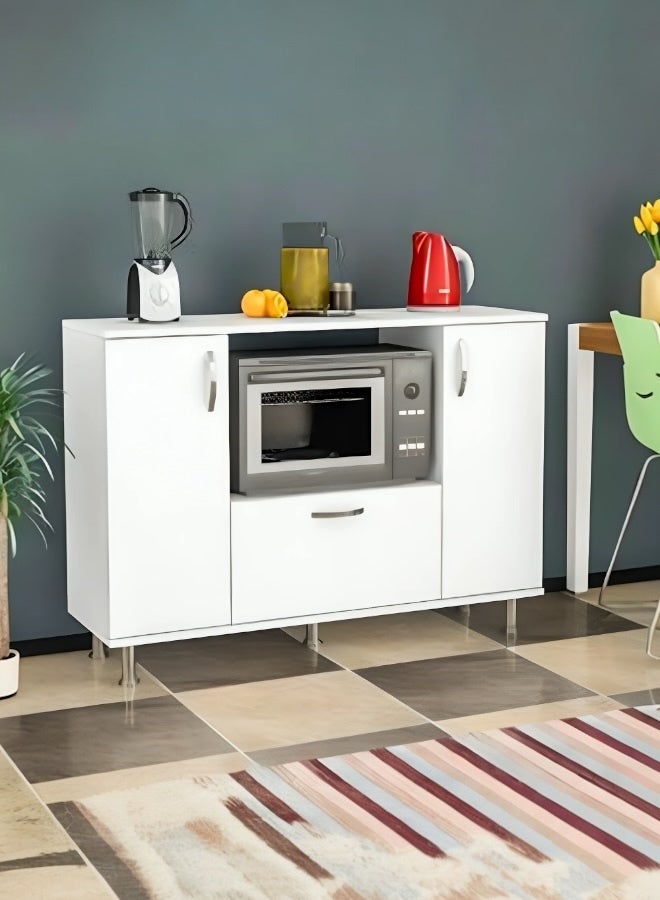 woodx Modern White Microwave Kitchen Cabinet with Storage Shelves and Drawer  - Image 1
