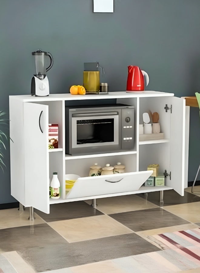 woodx Modern White Microwave Kitchen Cabinet with Storage Shelves and Drawer  - Image 2